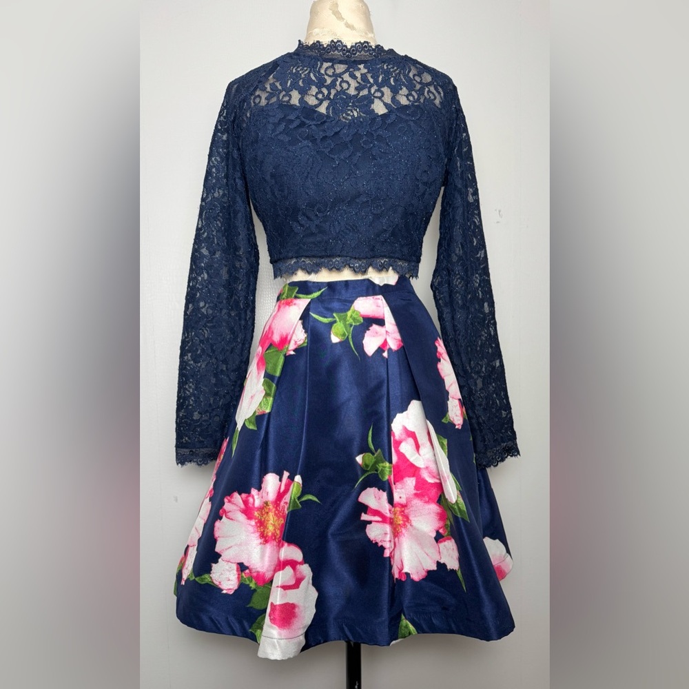 Navy Lace Crop Top & Floral Mini Skater Skirt Prom Dress 2 pc Set M/L